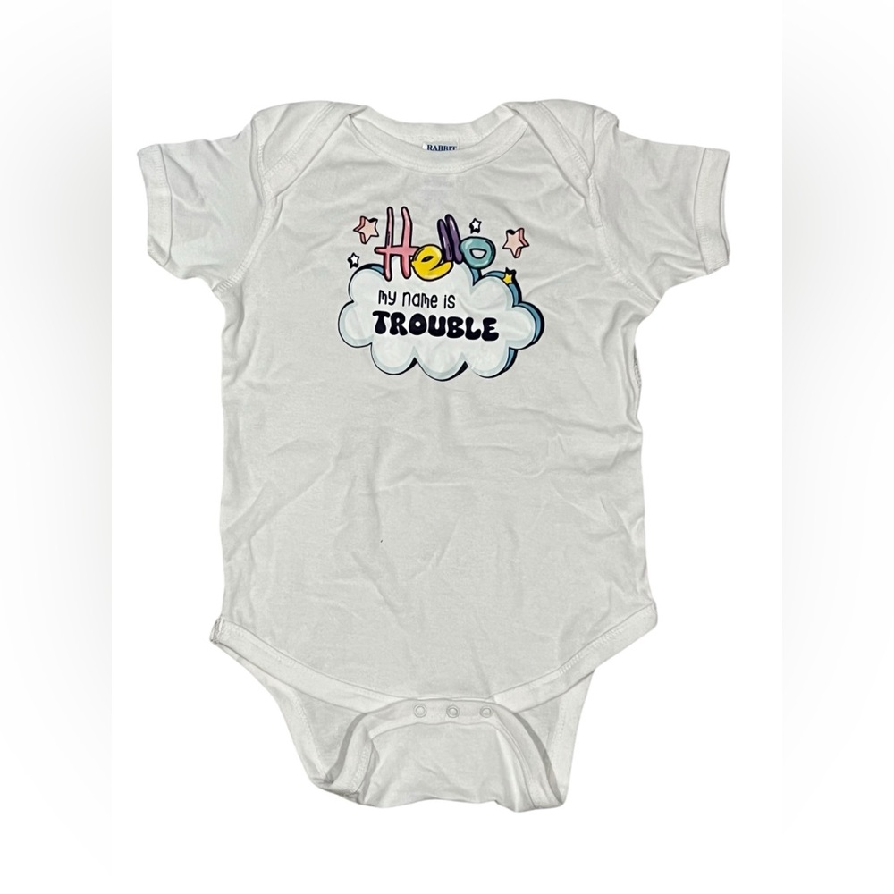 Hello My Name Is Trouble Baby Onesie – White Graphic Bodysuit 24 Months Handmade